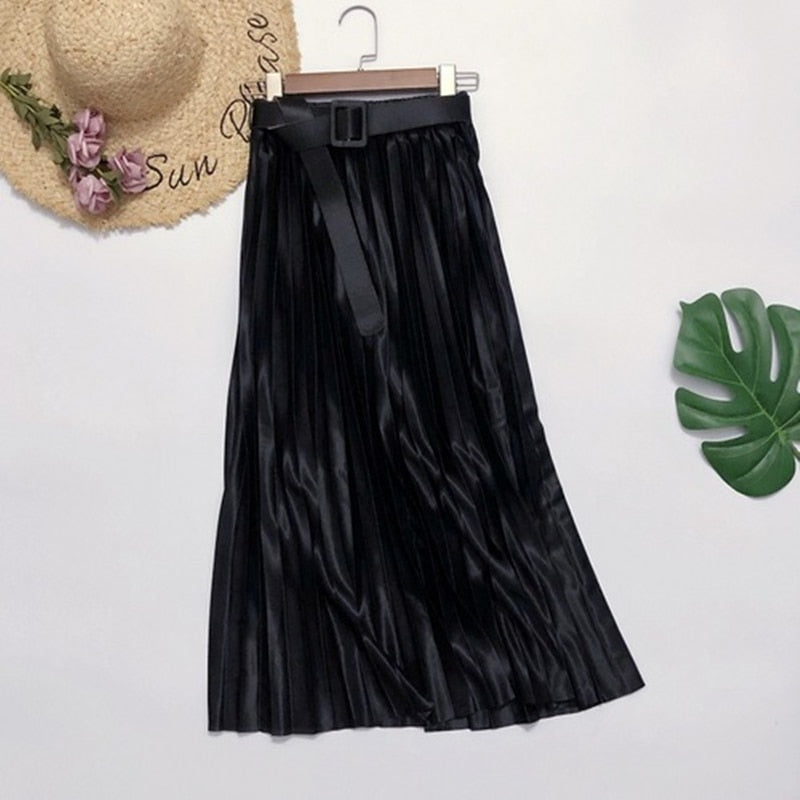 Satin Loose Pleated Solid Color High Waisted Maxi Skirt