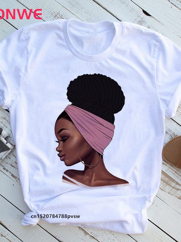 Women's African White T-Shirt Girl Black Queen Lip T-Shirt