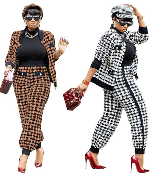 Houndstooth/Plaid/Colorblock/Geometric Faux Denim Printed Long Sleeve Stand Collar Zipper Jacket Coat + Pants 2-Piece Set to 3X