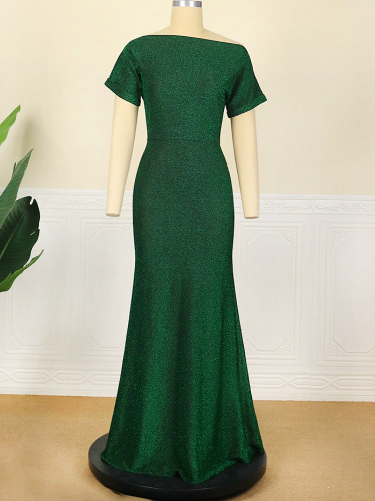 Green Sequin Formal Short Sleeve Slash Neck High Waist Mermaid Evening Gown