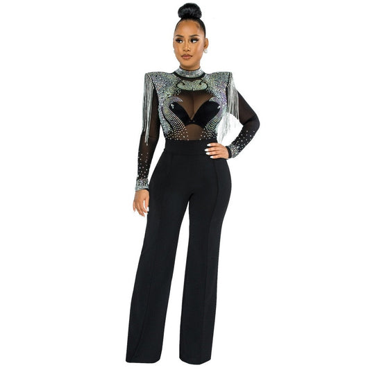 High Collar Hot Drill Mesh Shoulder Long Sleeve Jumpsuits OR Dresses Plus to 2X