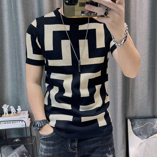 Men's Short Sleeve Knitting Color Contrast T-Shirt