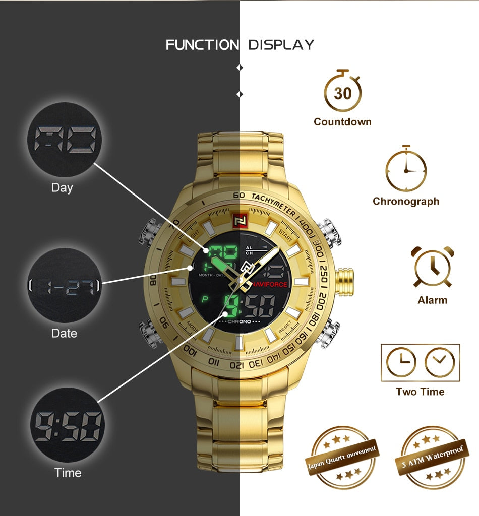 Men's Gold Quartz LED Waterproof Watches