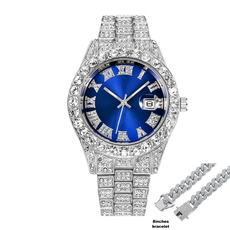 Colored Iced Out Full Diamond Around Luxury Quartz Men's Watches Silve