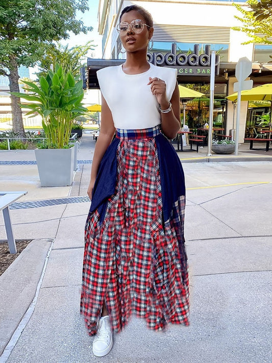 Patchwork Plaid Checkered Colorblock Pleated Ruched Maxi Floor Length/Mini Skirts