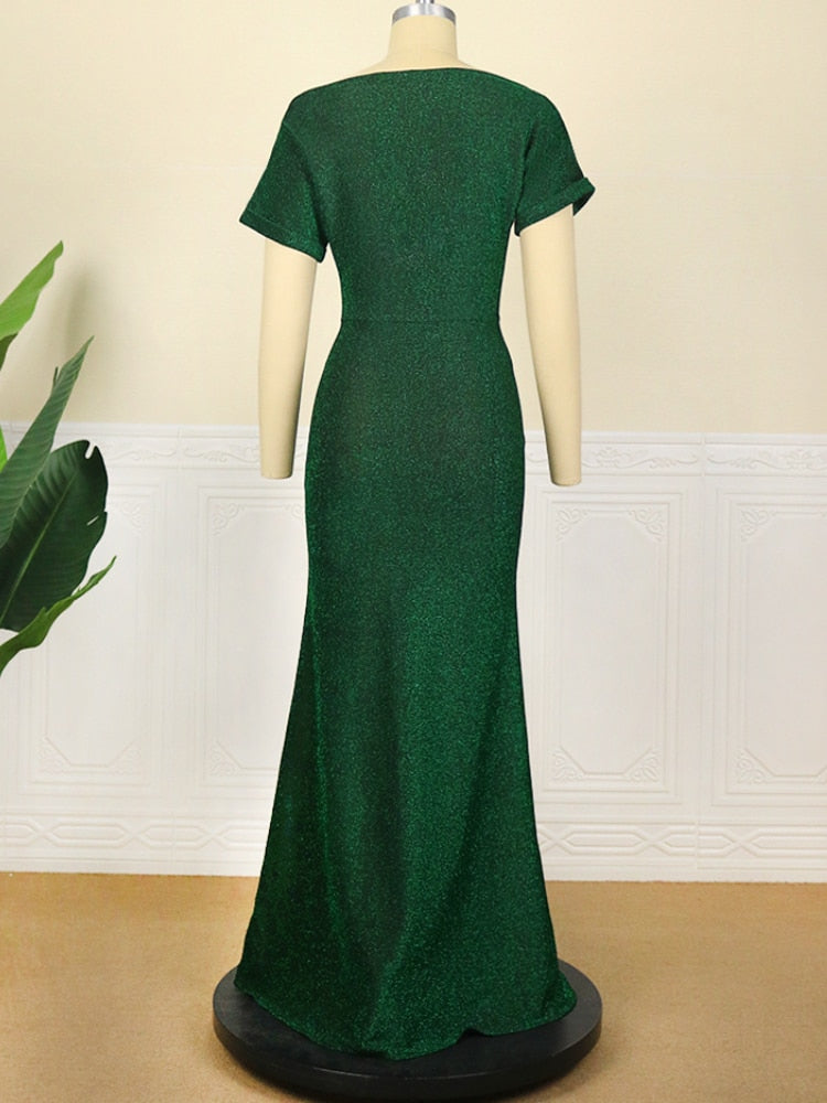 Green Sequin Formal Short Sleeve Slash Neck High Waist Mermaid Evening Gown