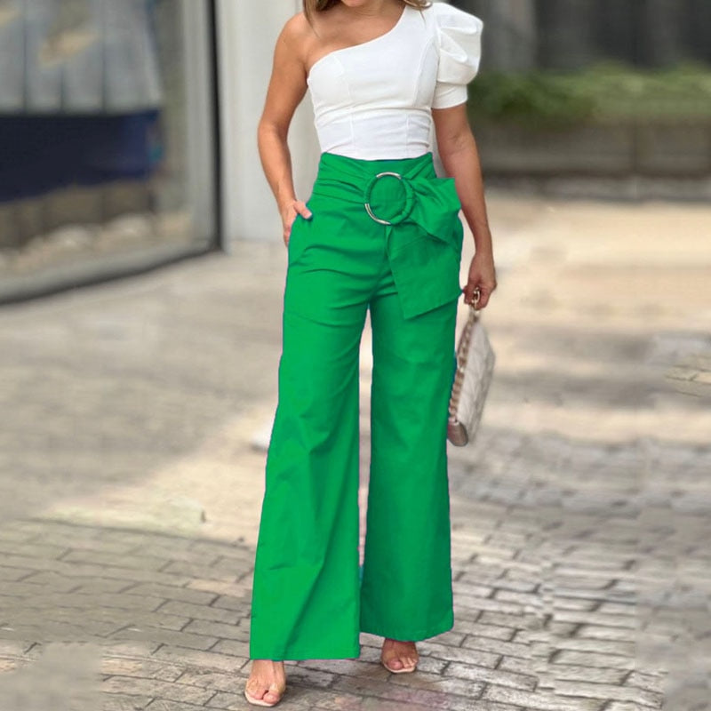 One Shoulder Puff Sleeve Solid Color Top Loose Wide Legs Lace Up With Pockets Pants 2-Piece Sets