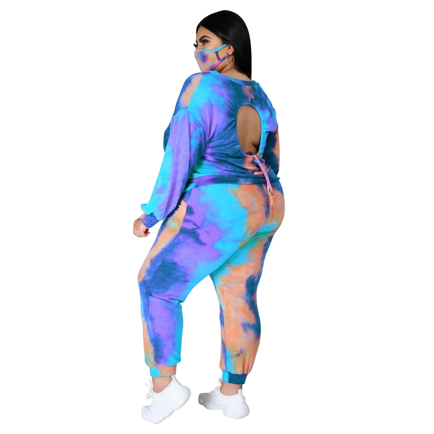 Tie-Dye Hollow-Out Open Lace-Up Back Long Sleeve Pullover Sweatshirt + Sweatpants Women's Tracksuit to 5X Plus Size