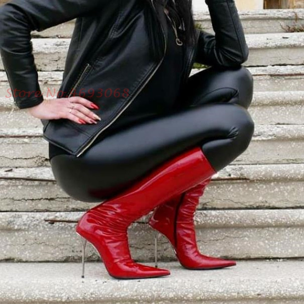 Red Patent Pointed Toe Knee High Women's Stretch Stiletto Heel Boots