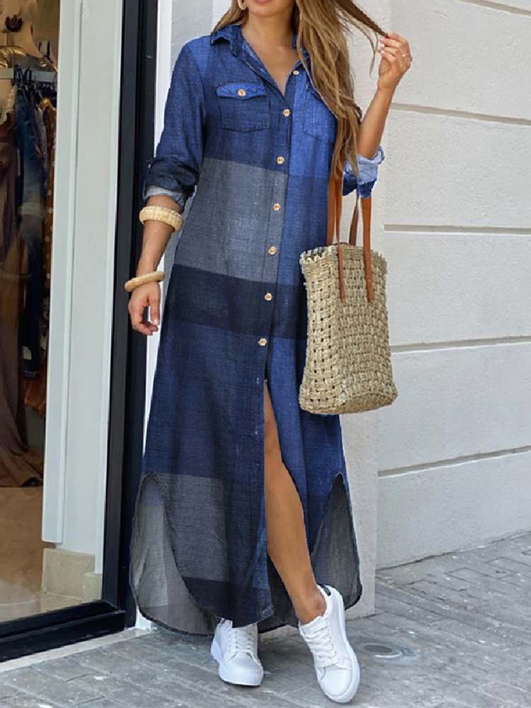 Plaid Colorblock Long Sleeve Maxi Shirt Dress