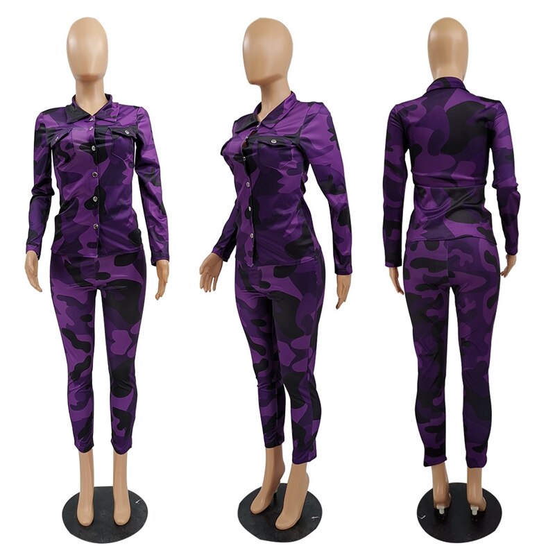 Camoflauge Long Sleeved Button Up Blouse & Matching Pants 2-Piece Set