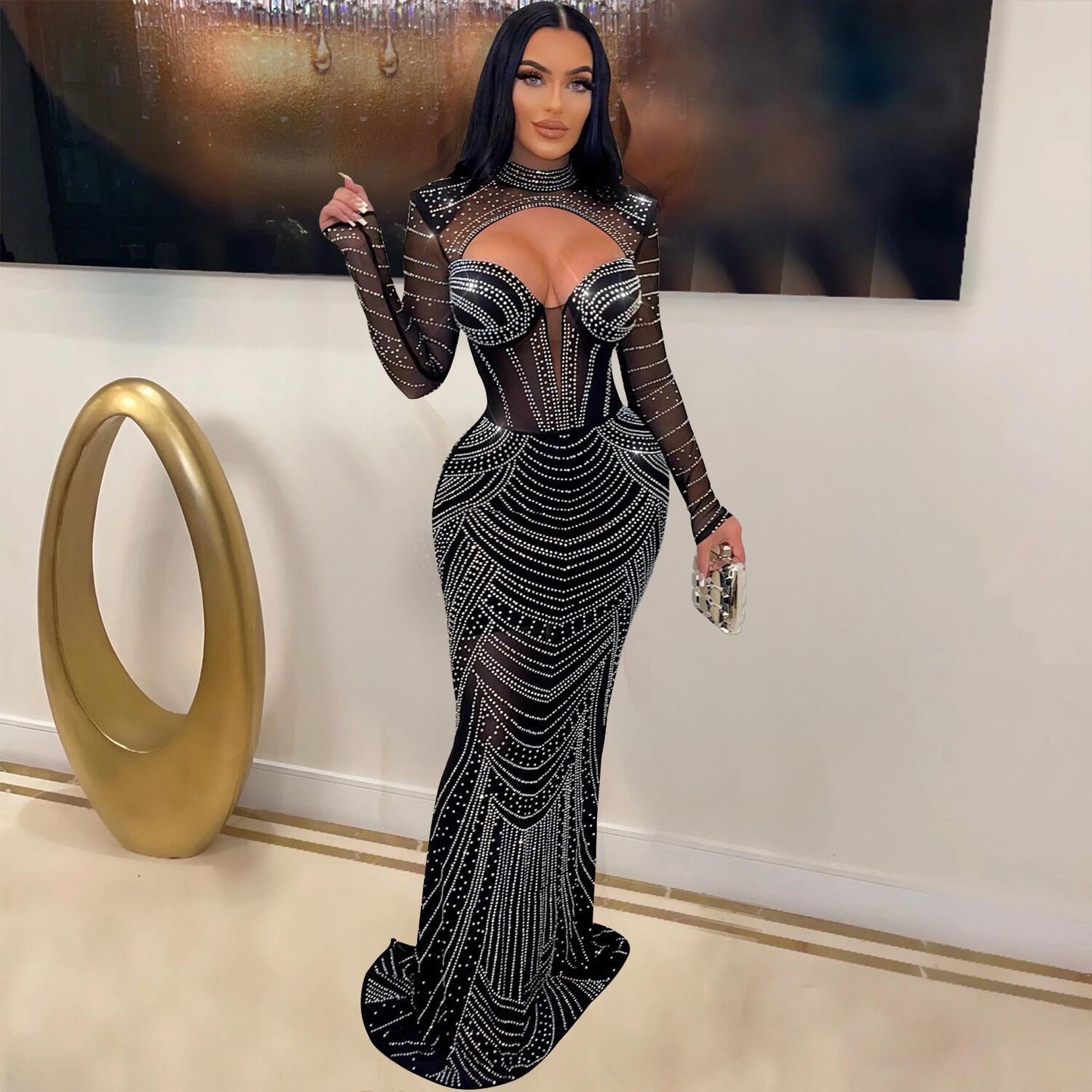 Rhinestone Mesh Cut-Out Long Sleeve Turtleneck Floor-Length Evening Gown Dress