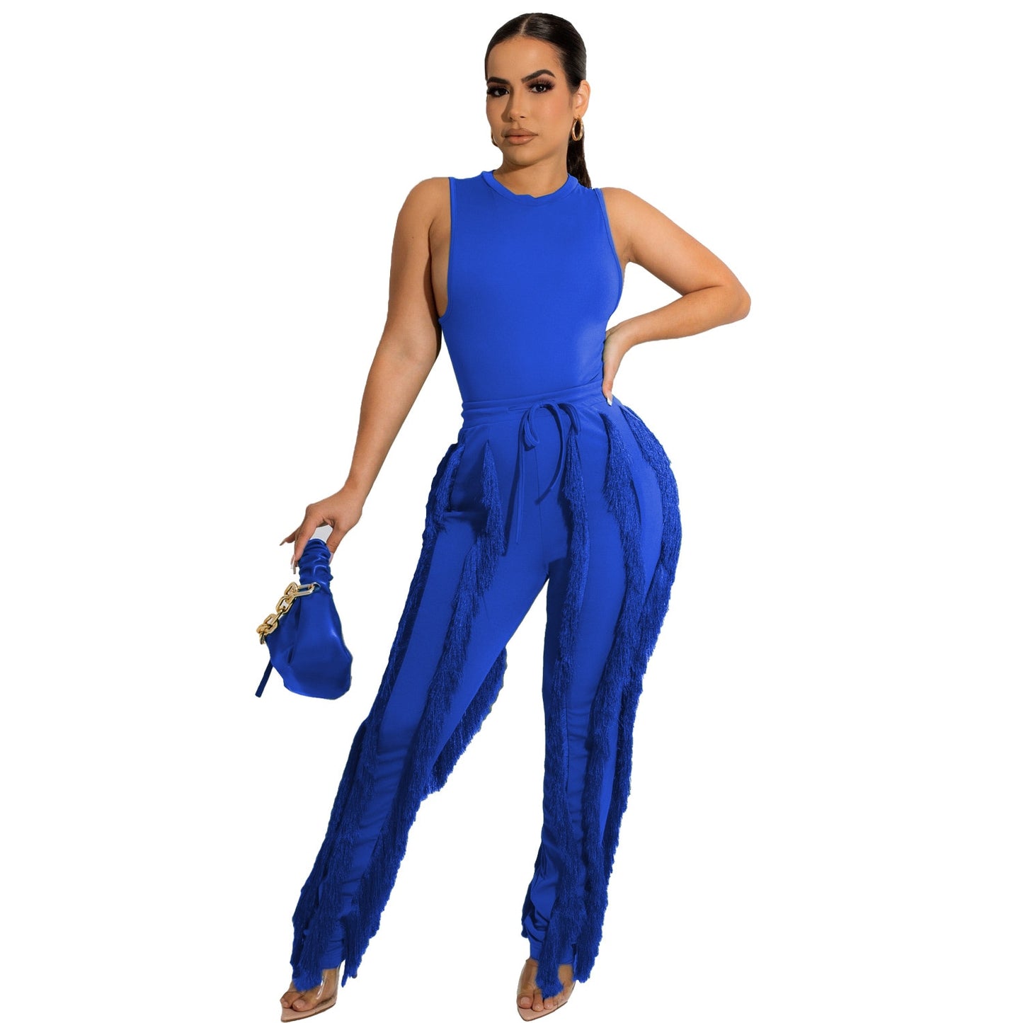 Sleeveless Top & Tassel Side Straight Pants 2-Piece Set