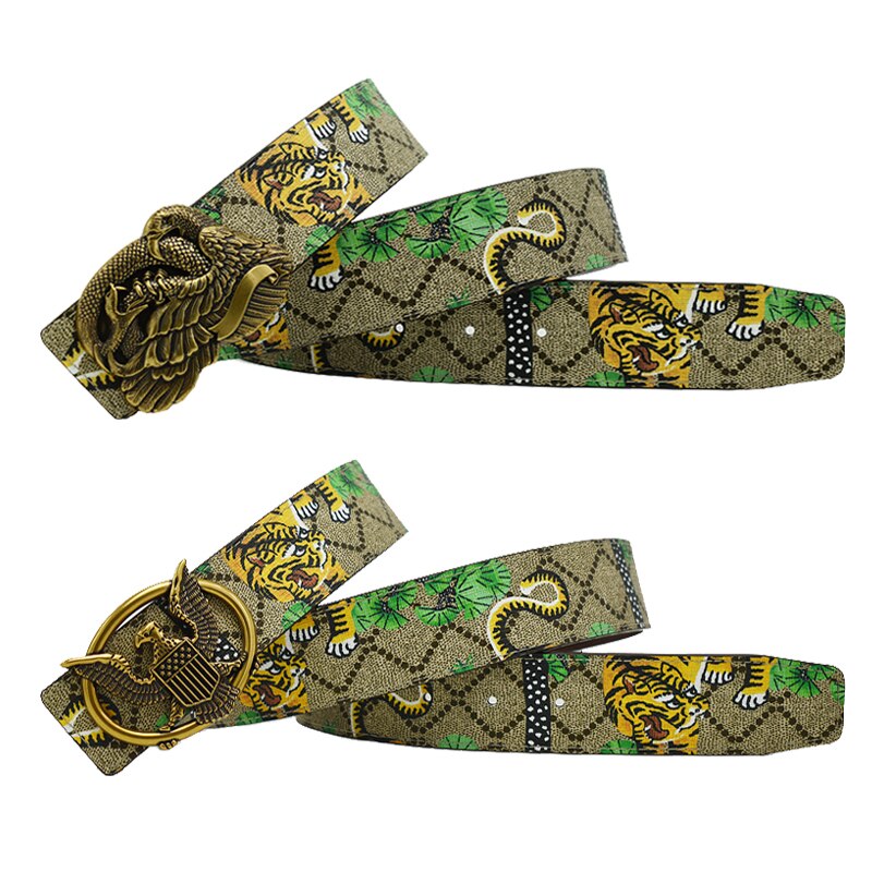 Unisex Gold/Silver Tiger/Dragon/Eagle/Butterfly Pattern Alloy Smooth Buckle Diamond Leopard Head Leather Belts