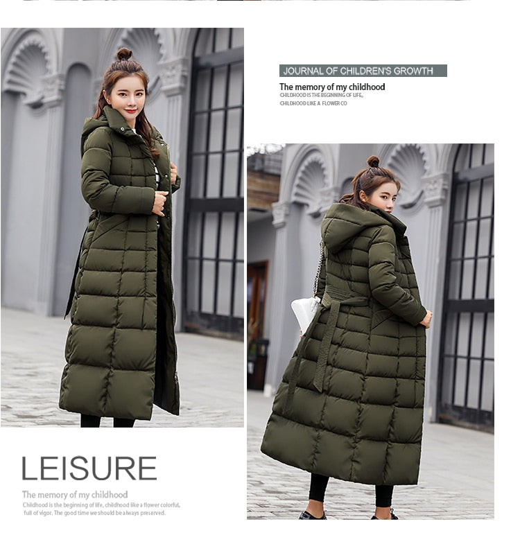 Quilted Hooded Goose Down Women's Bow Belt Fox Fur Collar Trenchcoat