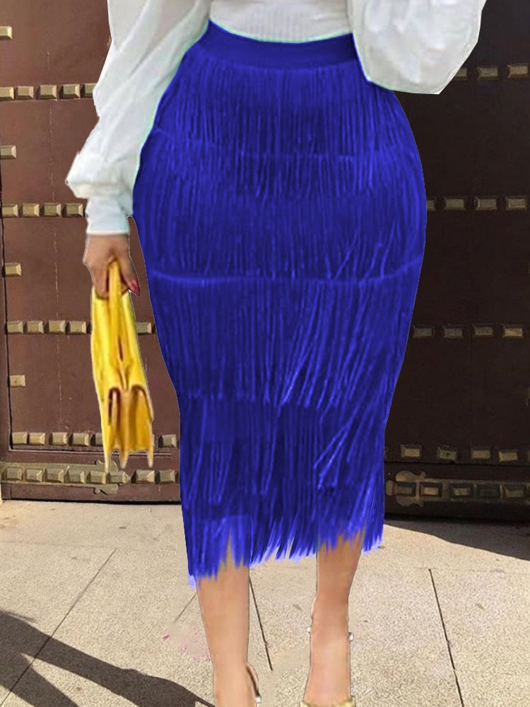 Tassel Fringe Bodycon Pencil High Waist Midi Plus Skirt to 3X