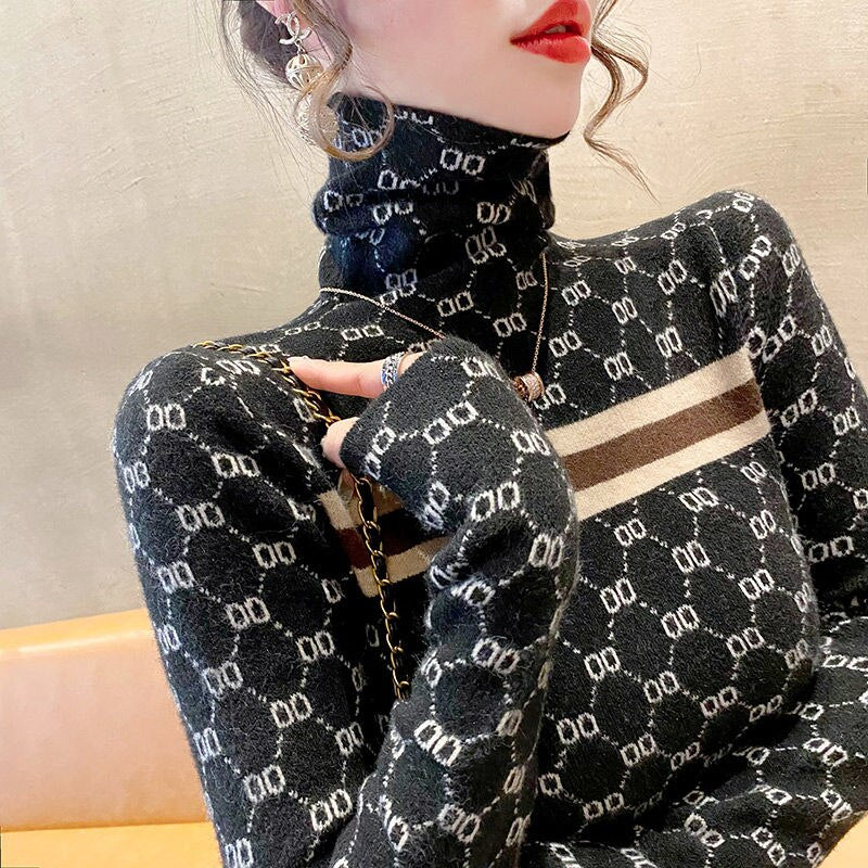 Turtleneck Replica Women's Monogram Jacquard Print Long Sleeve Pullover Sweater