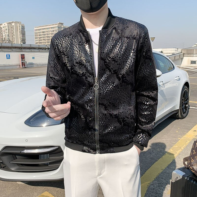 Men's Sequined Shiny Long Sleeve Glitter Zipper Bomber Jacket