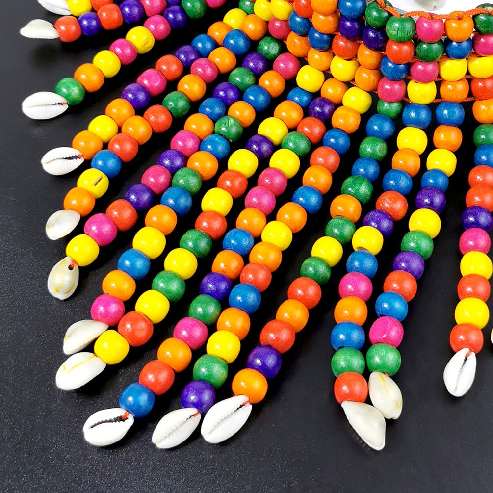 Beaded Wood Rainbow Color Bohemian Jewelry Set-Choker Necklace, Earrings & Bracelet