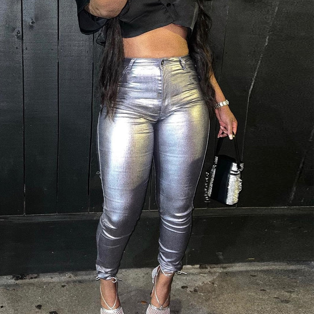 Metallic Shiny High Waisted Skinny Leggings