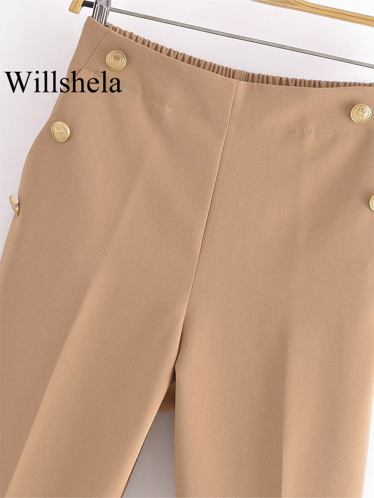 Women's Button Solid Trouser Vintage High Elastic Waist Wide Leg Pants