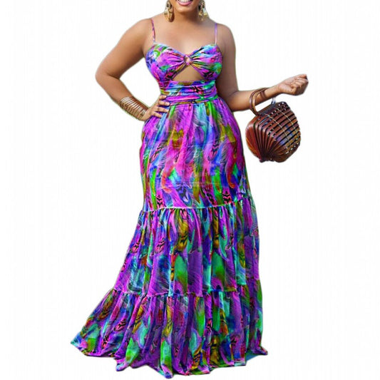 Floral Multi-Colored Print Halter Cut-Out African Plus Size Maxi Dress to 5X