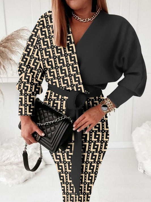 Geometric Print Long Sleeve Belted Midi Wrap Dress