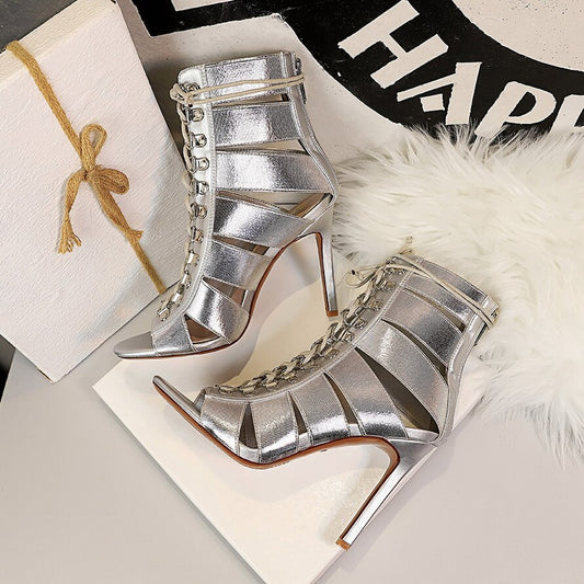 Stiletto Cross Strap Fish Mouth Hollow High-top Hole Roman Ankle Boots