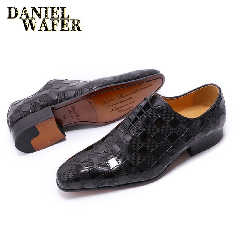 Men's Italian Leather Plaid Print Lace-Up Oxford Dress Shoes