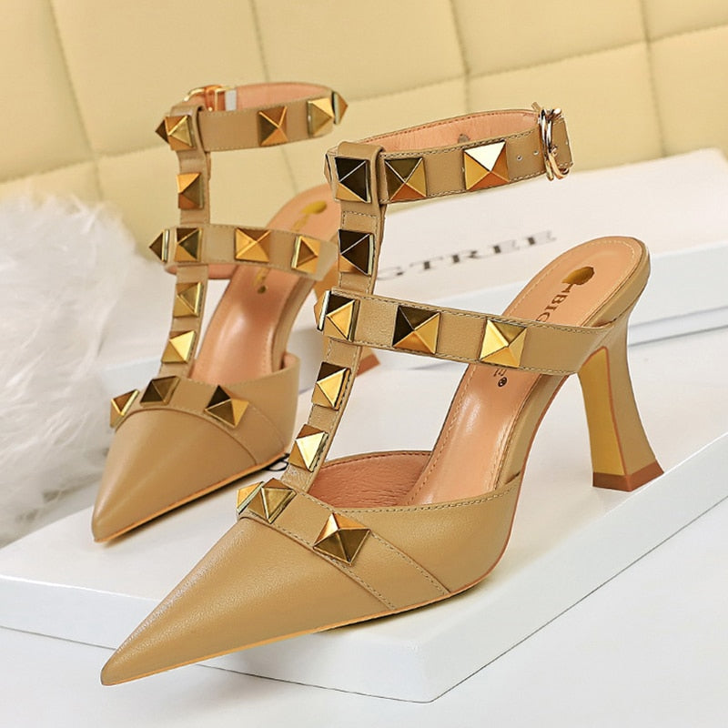 Gold Rivet Buckle Strap Block Heel Gladiator Replica Designer Pumps