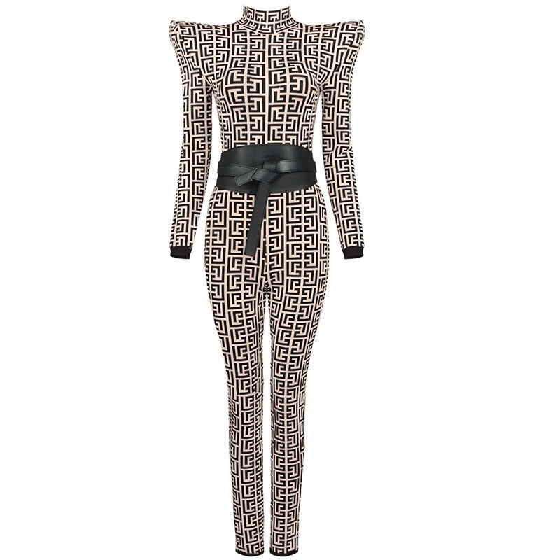 Jacquard Geometric Monogram Peak Shoulder Long Sleeve Knitted Belted Jumpsuit