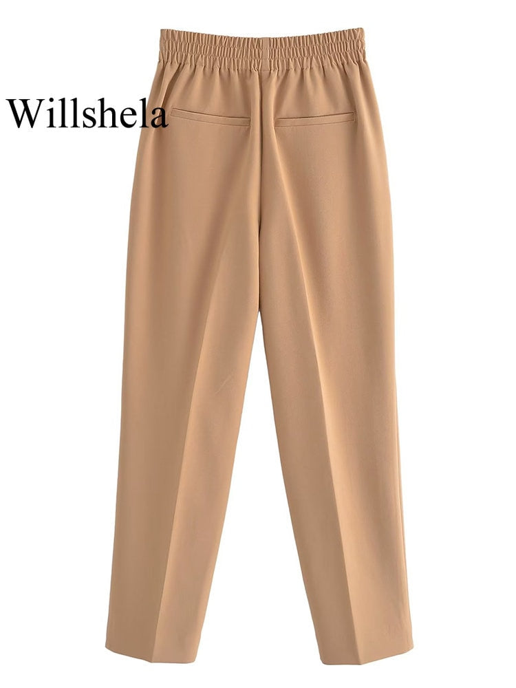 Women's Button Solid Trouser Vintage High Elastic Waist Wide Leg Pants