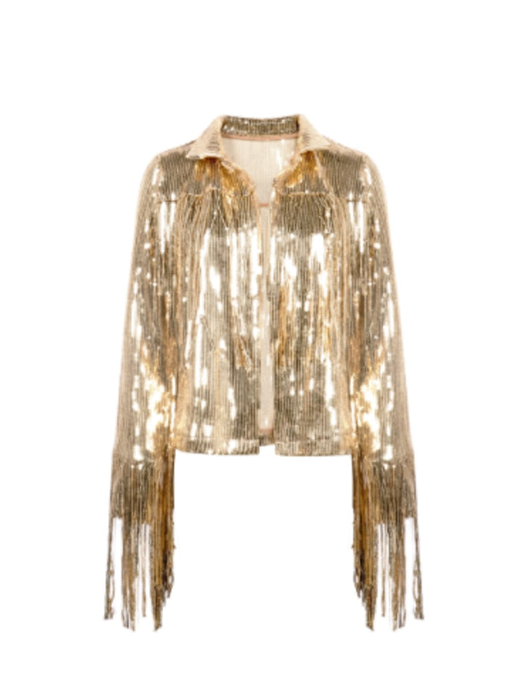 Tassels Retro Cropped Long Sleeve Reflective Ladies Bomber Jacket to 3X