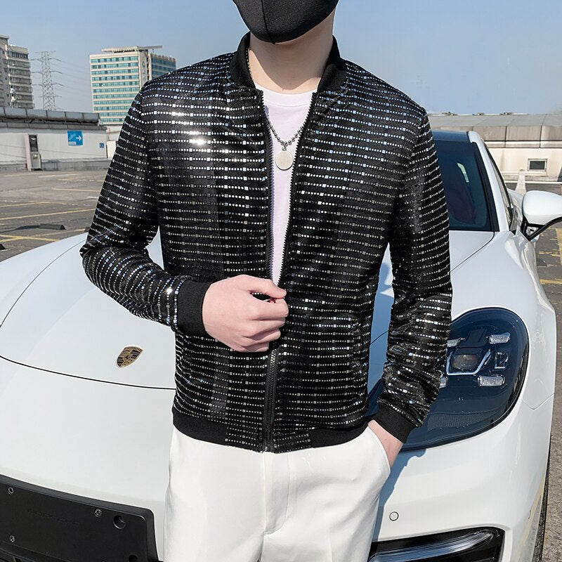 Men's Sequined Shiny Long Sleeve Glitter Zipper Bomber Jacket