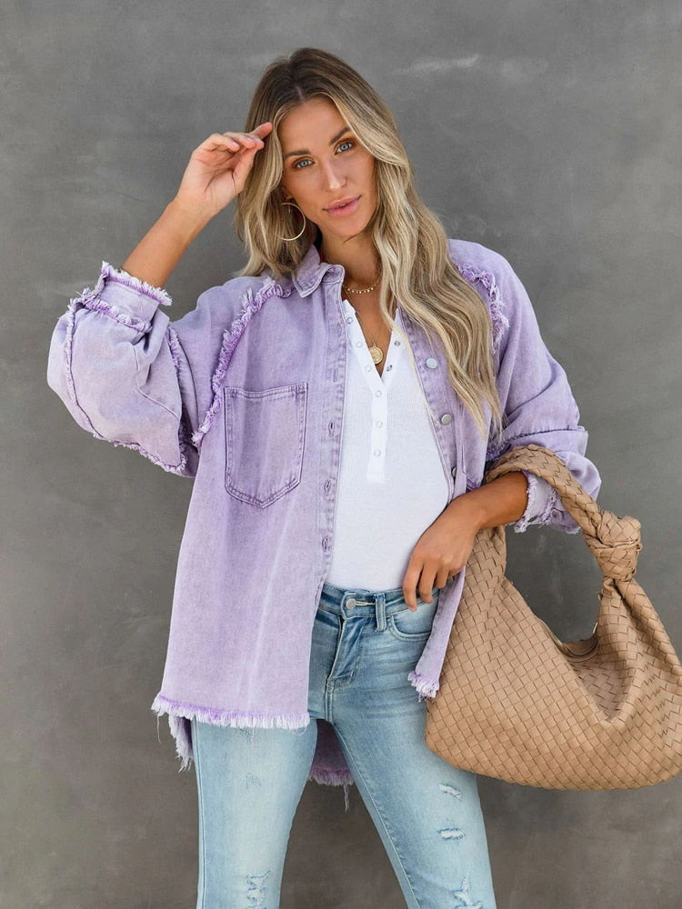 Loose Turn-down Collar Denim Tassel Washed Tops