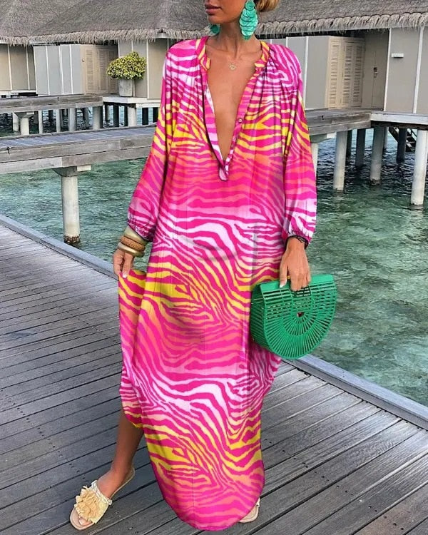 Bohemian Deep V-Neck Vintage Print Long Sleeve Maxi Dress