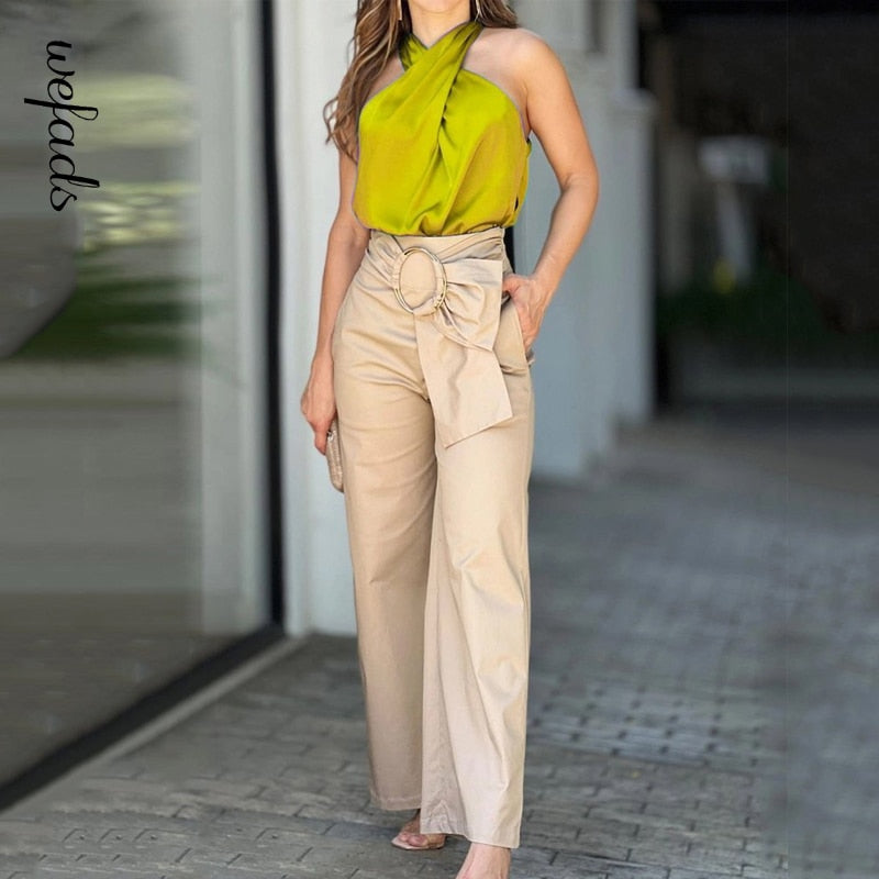 Halterneck Sleeveless Satin Top + Loose Wide Leg Long Pants 2-Piece Set