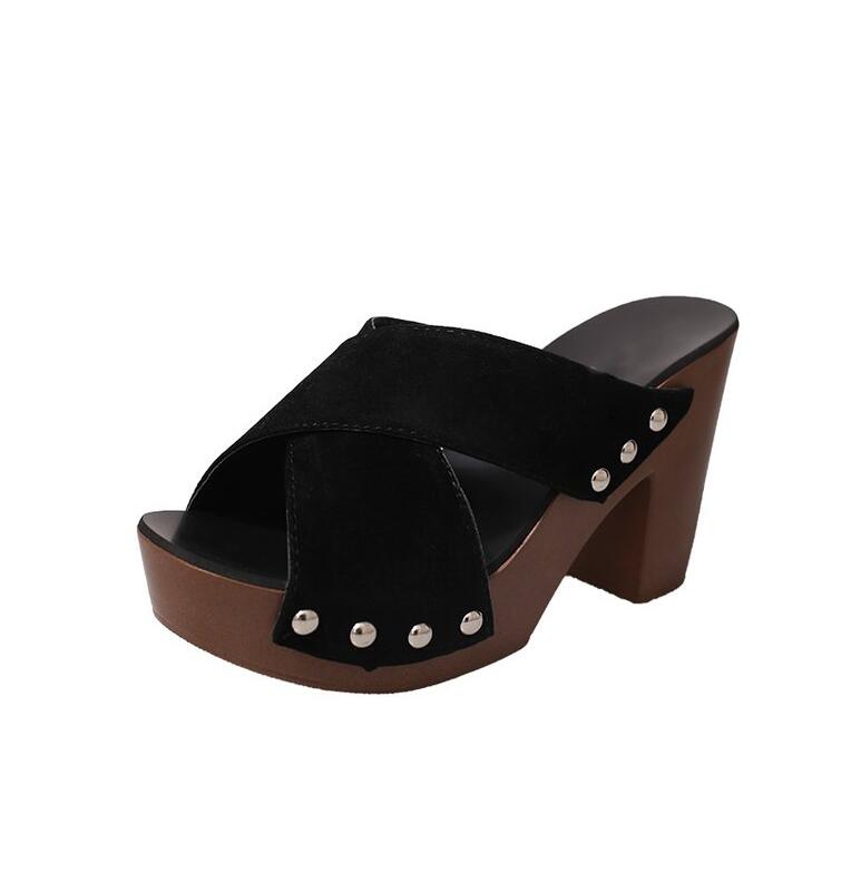 Square High Heel Platform Flock Rivet Peep Toe Sandals