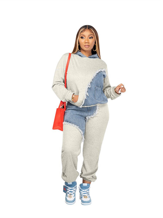 Patchwork Demin Decor Hoodie & Sweatpant Matching 2-Piece Set Plus to 4X