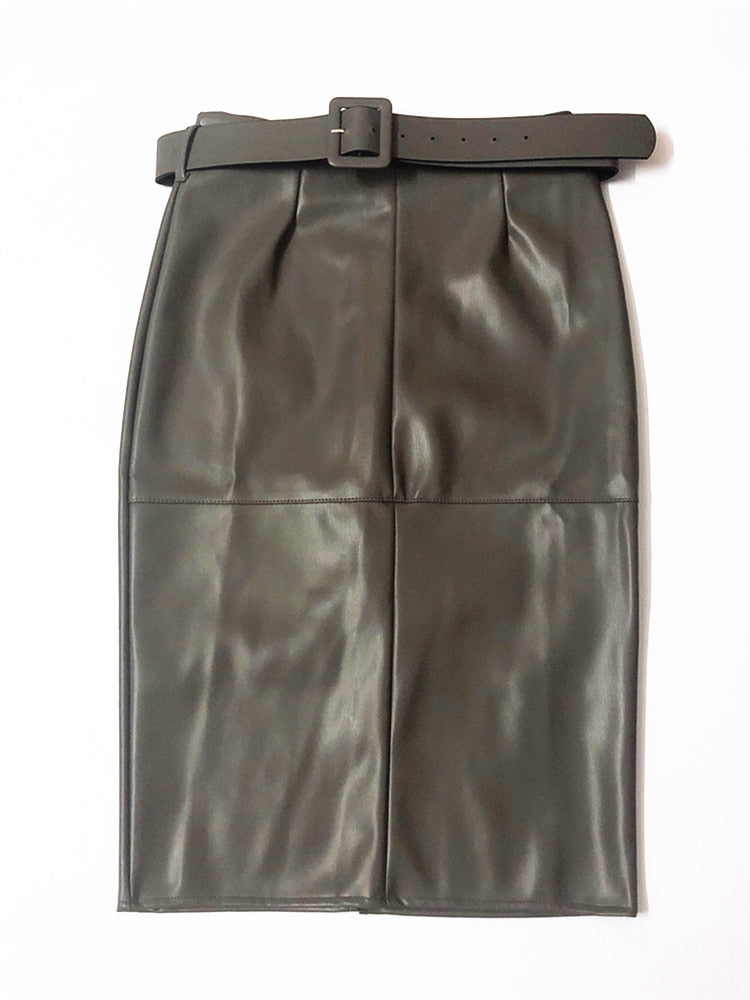 PU Leather Wrap Midi Waist Sheath Pencil Back Split Midi Skirt