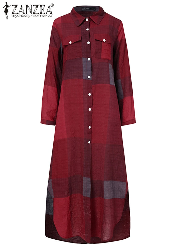 Plaid Colorblock Long Sleeve Maxi Shirt Dress