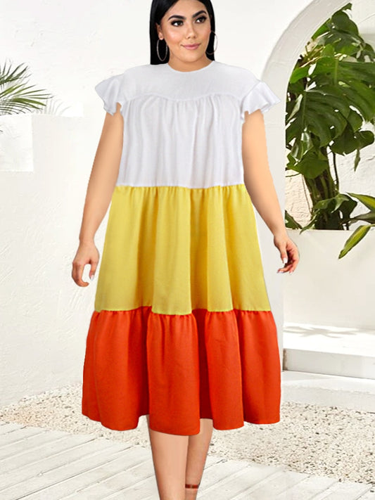 Colorblock Petal Short Sleeve Zipper Back White/Yellow/Orange Cotton Loose Plus Size Dress to 5X