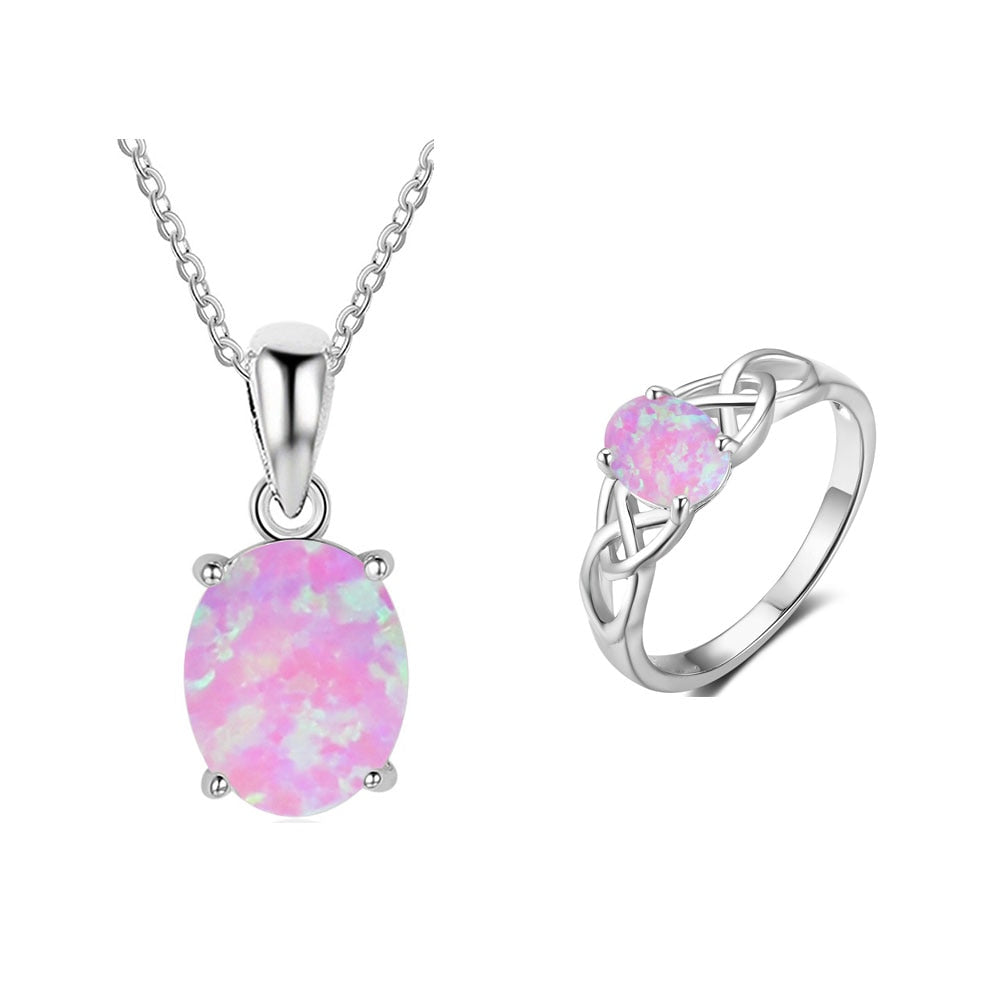 Pink Opal Ring, Pendant Necklace + Stud Earrings Jewelry Set