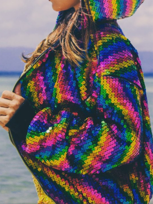 Pastel Rainbow Hooded Ladies Sequin Bomber