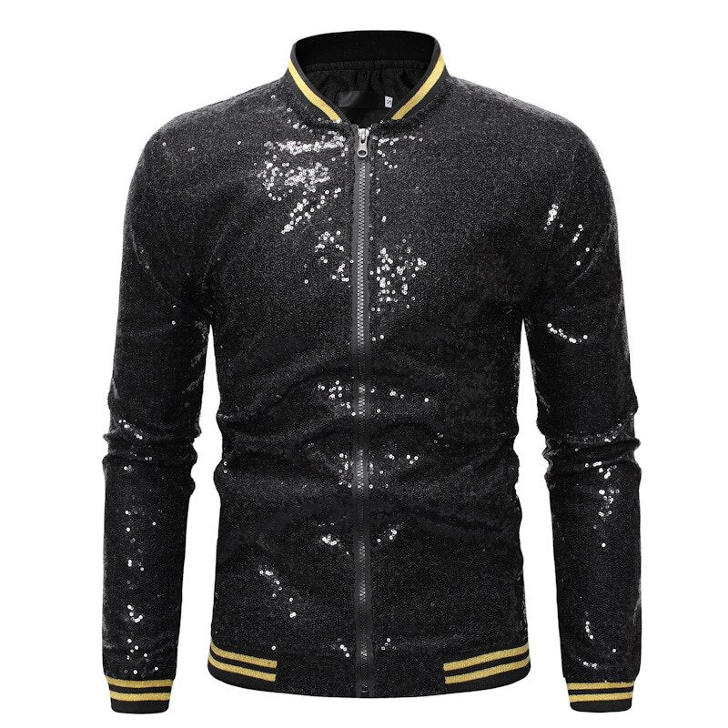 Shiny Sequin Long Sleeve Unisex Zipper Bomber Jacket