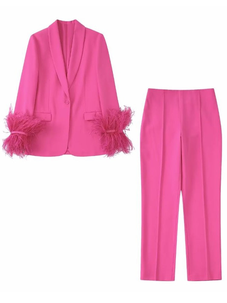 Hot Pink Feather Blazer + Slacks Women's Suit