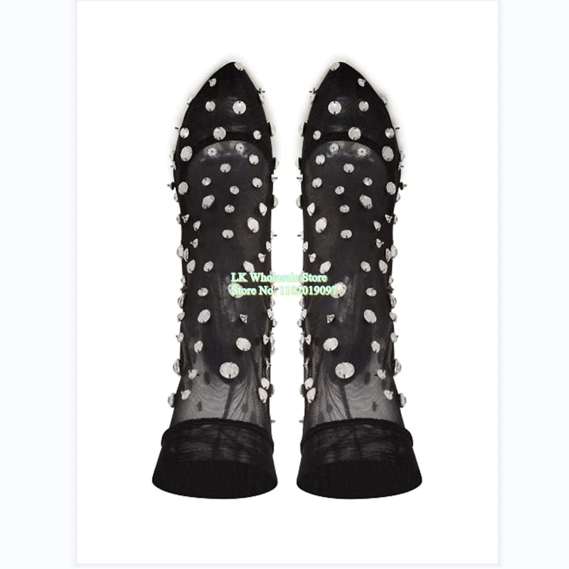 Mesh Crystal Rhinestone Embellished Pointed Toe Stiletto Leather Ankle Boots