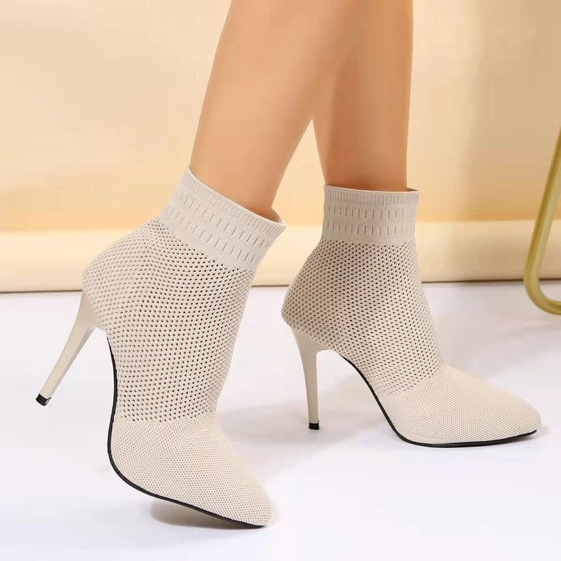 Solid Color Pointed Toe Knitted Slip On Sock Women's Ankle Boots