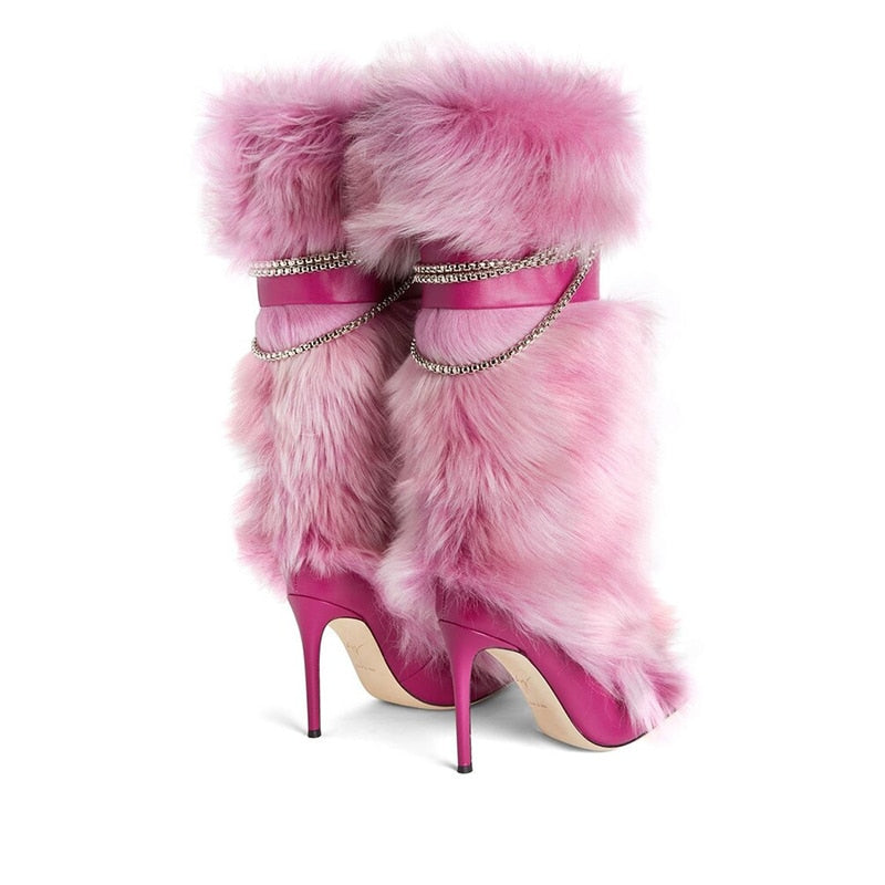 Cowhide Pink ONLY 10cm Knee High Fox Fur Metal Chain Pointed Boots