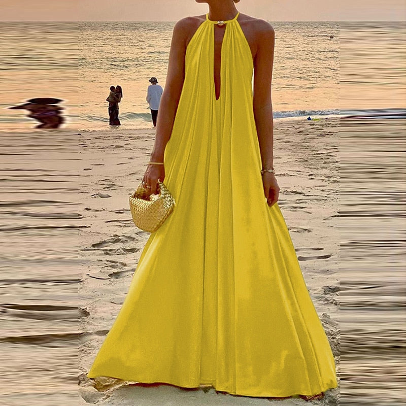 Halter Sleeveless Temperament Deep V-Neck Beach Maxi Dress